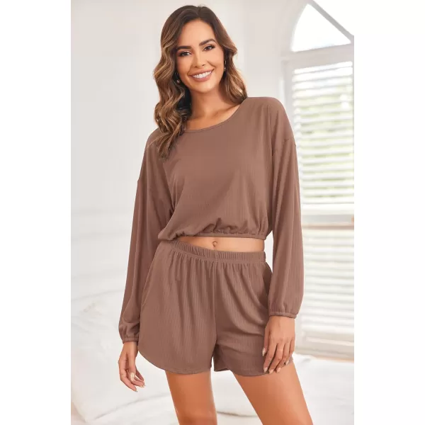 Ekouaer Ribbed Knit Lounge Sets for Women 2 Piece Pajamas Crop Tops and Shorts Matching Outfits Casual Sweatsuit SXXLKhaki