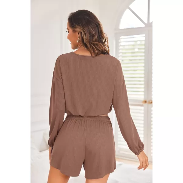 Ekouaer Ribbed Knit Lounge Sets for Women 2 Piece Pajamas Crop Tops and Shorts Matching Outfits Casual Sweatsuit SXXLKhaki