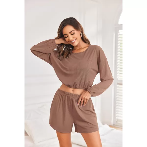 Ekouaer Ribbed Knit Lounge Sets for Women 2 Piece Pajamas Crop Tops and Shorts Matching Outfits Casual Sweatsuit SXXLKhaki
