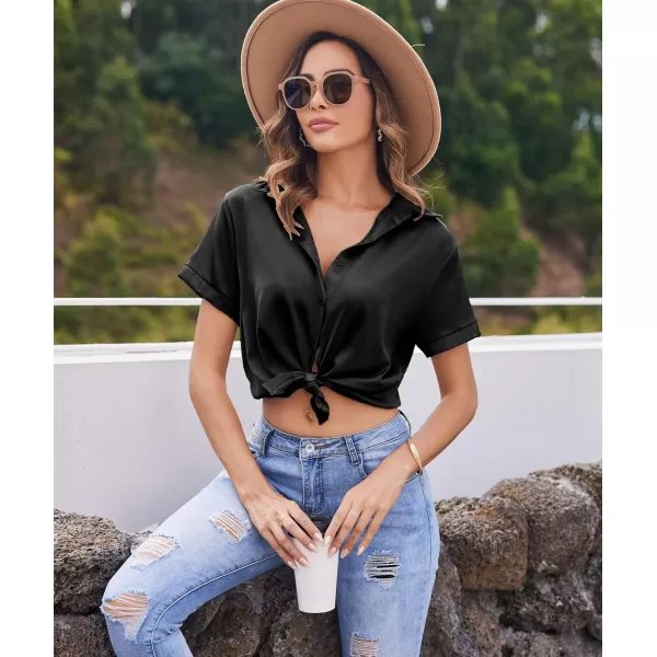 Ekouaer Womens Silk Short Sleeve ButtonDown Pajama SetsAblack