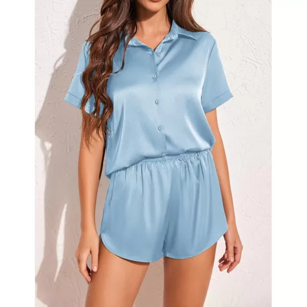 Ekouaer Womens Silk Short Sleeve ButtonDown Pajama SetsBaby Blue