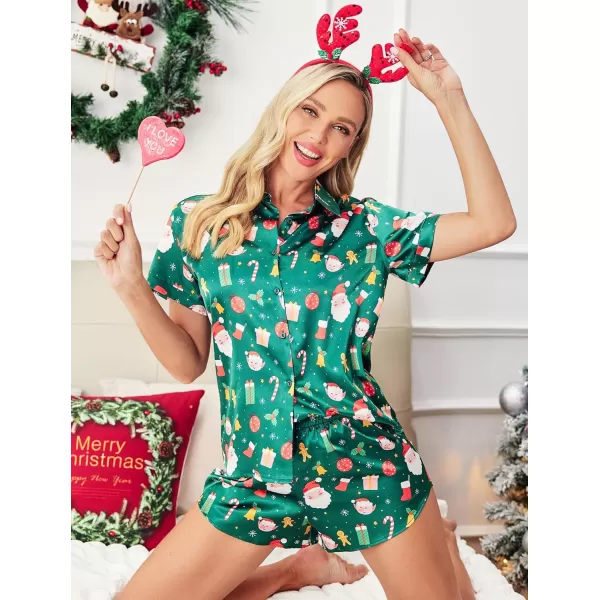 Ekouaer Womens Silk Short Sleeve ButtonDown Pajama SetsChristmas Green