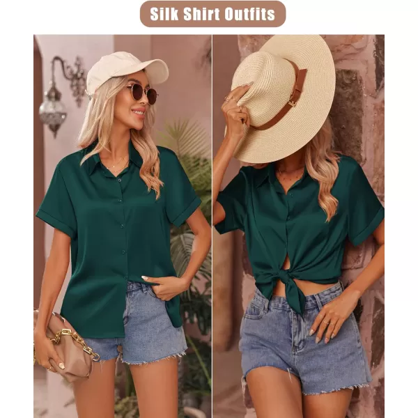 Ekouaer Womens Silk Short Sleeve ButtonDown Pajama SetsDark Green