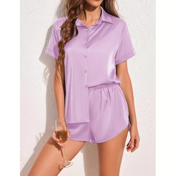 Ekouaer Womens Silk Short Sleeve ButtonDown Pajama SetsLavender