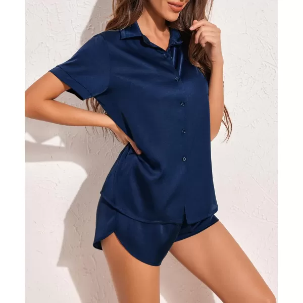 Ekouaer Womens Silk Short Sleeve ButtonDown Pajama SetsNavy Blue