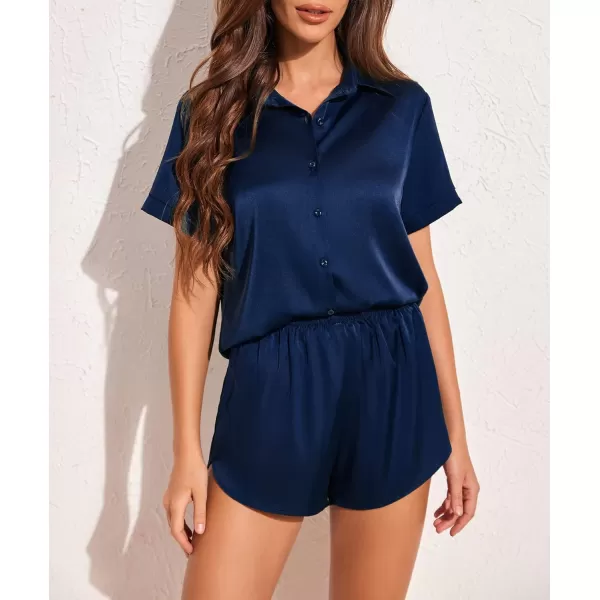 Ekouaer Womens Silk Short Sleeve ButtonDown Pajama SetsNavy Blue