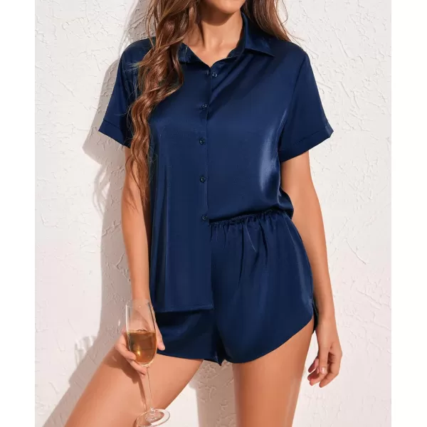 Ekouaer Womens Silk Short Sleeve ButtonDown Pajama SetsNavy Blue