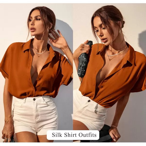 Ekouaer Womens Silk Short Sleeve ButtonDown Pajama SetsOrange