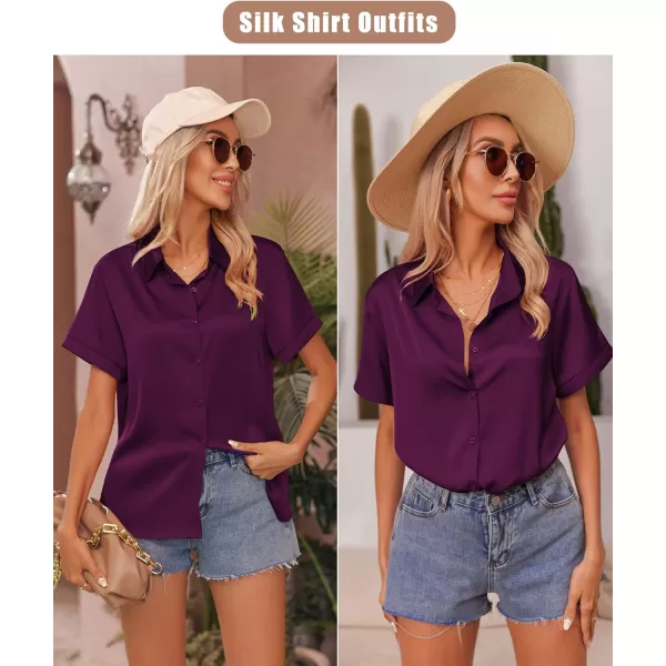 Ekouaer Womens Silk Short Sleeve ButtonDown Pajama SetsPurple