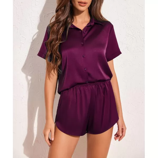 Ekouaer Womens Silk Short Sleeve ButtonDown Pajama SetsPurple
