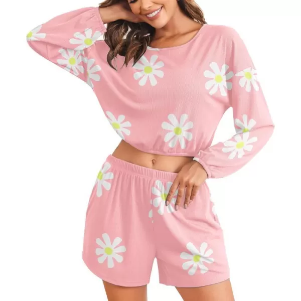 Ekouaer Ribbed Knit Lounge Sets for Women 2 Piece Pajamas Crop Tops and Shorts Matching Outfits Casual Sweatsuit SXXLFloralpink