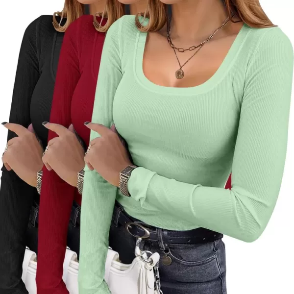 Ekouaer Womens 3 Pack Long Sleeve Shirts Square Neck Basic Ribbed Tops Tee Thermal Undershirts XSXXLBlackBurgundyGreen