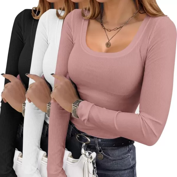 Ekouaer Womens 3 Pack Long Sleeve Shirts Square Neck Basic Ribbed Tops Tee Thermal Undershirts XSXXLBlackWhiteMisty Rose