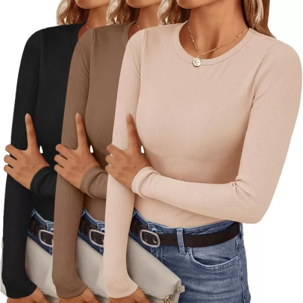 Ekouaer Womens Long Sleeve Shirts 3 Packs Crew Neck Stretchy Fitted Tops Ribbed Base Layer Soft Thermal Undershirts TeeBlack  Beige  Brown 3pcs