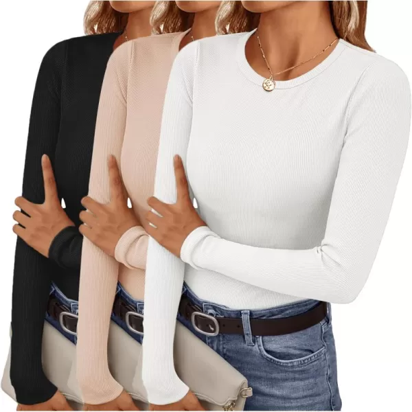 Ekouaer Womens Long Sleeve Shirts 3 Packs Crew Neck Stretchy Fitted Tops Ribbed Base Layer Soft Thermal Undershirts TeeBlack  White  Beige 3pcs