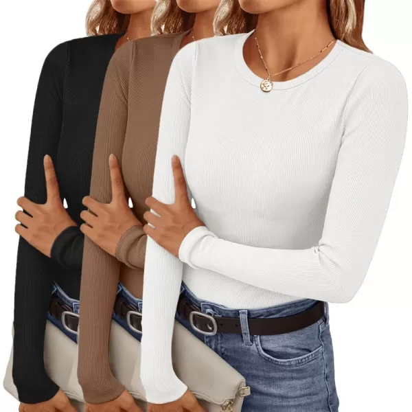 Ekouaer Womens Long Sleeve Shirts 3 Packs Crew Neck Stretchy Fitted Tops Ribbed Base Layer Soft Thermal Undershirts TeeBlack  White  Brown 3pcs