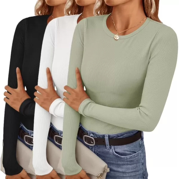 Ekouaer Womens Long Sleeve Shirts 3 Packs Crew Neck Stretchy Fitted Tops Ribbed Base Layer Soft Thermal Undershirts TeeBlack  White  Light Green 3pcs