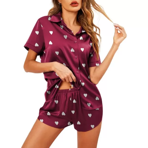 Ekouaer Womens Silk Short Sleeve ButtonDown Pajama SetsAred Heart Print