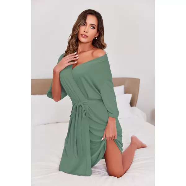 Ekouaer Robes for Women Short Knit Bathrobe Lightweight Soft Knit Sleepwear Casual Ladies LoungewearGray Green