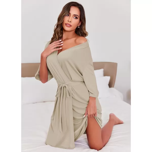 Ekouaer Robes for Women Short Knit Bathrobe Lightweight Soft Knit Sleepwear Casual Ladies LoungewearKhaki