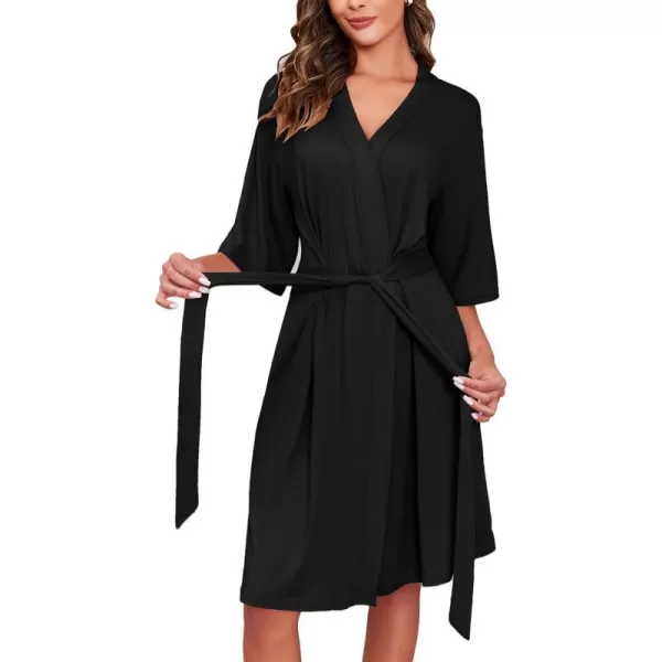 Ekouaer Robes for Women Short Knit Bathrobe Lightweight Soft Knit Sleepwear Casual Ladies LoungewearBlack