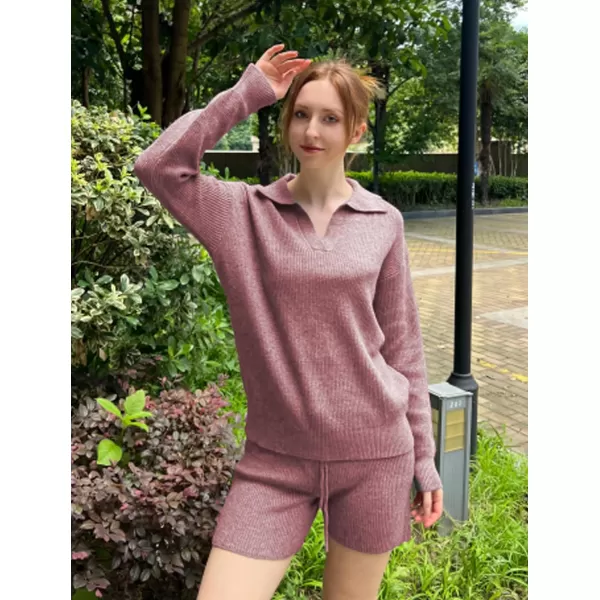 Ekoauer Womens 2 Piece Outfits Long Sleeve Knit Top and Short Pajama Sets Oversized Sweatsuit Sweater SetAuburn Color
