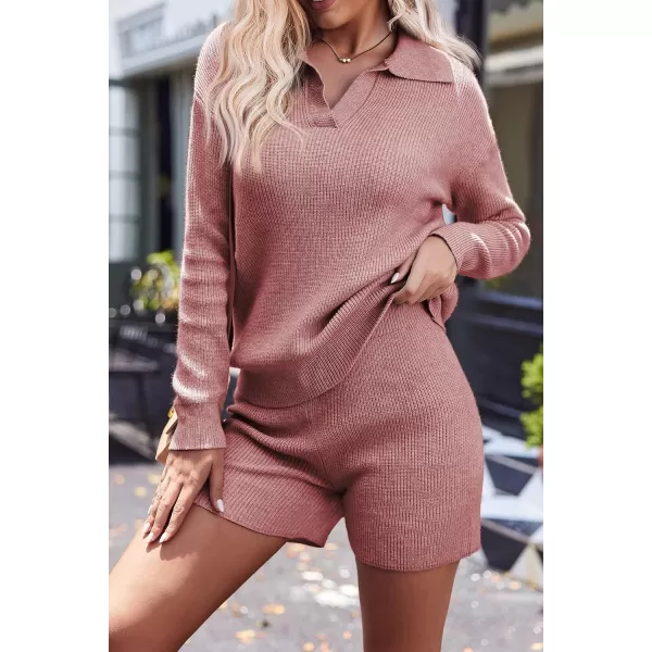 Ekoauer Womens 2 Piece Outfits Long Sleeve Knit Top and Short Pajama Sets Oversized Sweatsuit Sweater SetAuburn Color
