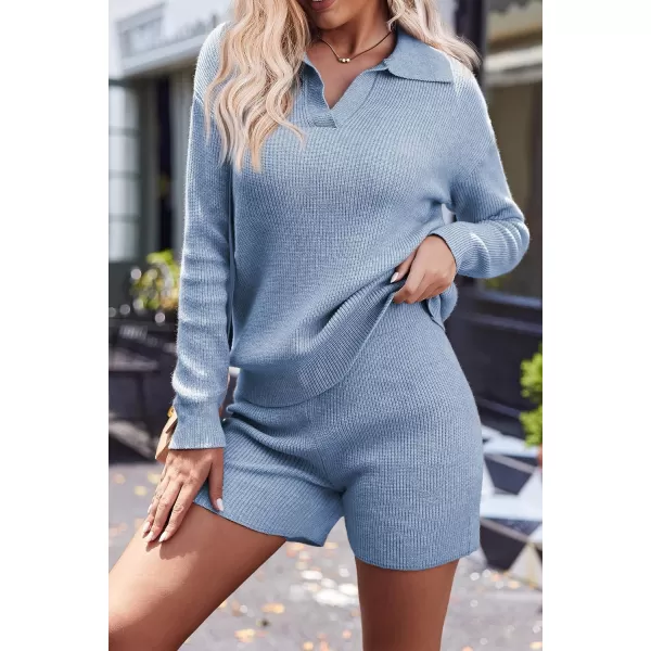 Ekoauer Womens 2 Piece Outfits Long Sleeve Knit Top and Short Pajama Sets Oversized Sweatsuit Sweater SetBlue