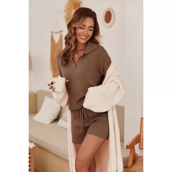 Ekoauer Womens 2 Piece Outfits Long Sleeve Knit Top and Short Pajama Sets Oversized Sweatsuit Sweater SetBrown
