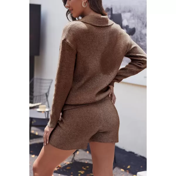 Ekoauer Womens 2 Piece Outfits Long Sleeve Knit Top and Short Pajama Sets Oversized Sweatsuit Sweater SetBrown
