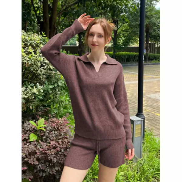 Ekoauer Womens 2 Piece Outfits Long Sleeve Knit Top and Short Pajama Sets Oversized Sweatsuit Sweater SetBrown
