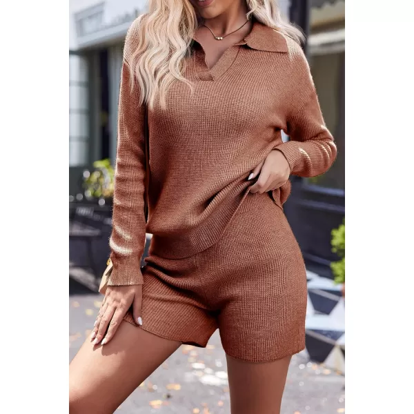 Ekoauer Womens 2 Piece Outfits Long Sleeve Knit Top and Short Pajama Sets Oversized Sweatsuit Sweater SetCaramel