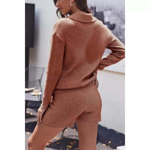Ekoauer Womens 2 Piece Outfits Long Sleeve Knit Top and Short Pajama Sets Oversized Sweatsuit Sweater SetCaramel