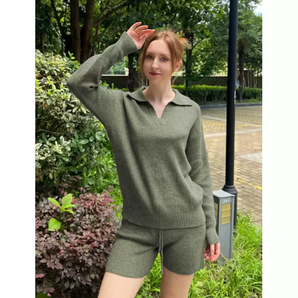 Ekoauer Womens 2 Piece Outfits Long Sleeve Knit Top and Short Pajama Sets Oversized Sweatsuit Sweater SetDeep Green