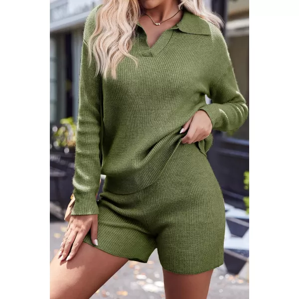 Ekoauer Womens 2 Piece Outfits Long Sleeve Knit Top and Short Pajama Sets Oversized Sweatsuit Sweater SetDeep Green