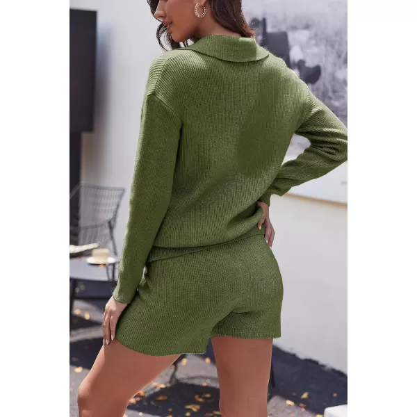 Ekoauer Womens 2 Piece Outfits Long Sleeve Knit Top and Short Pajama Sets Oversized Sweatsuit Sweater SetDeep Green