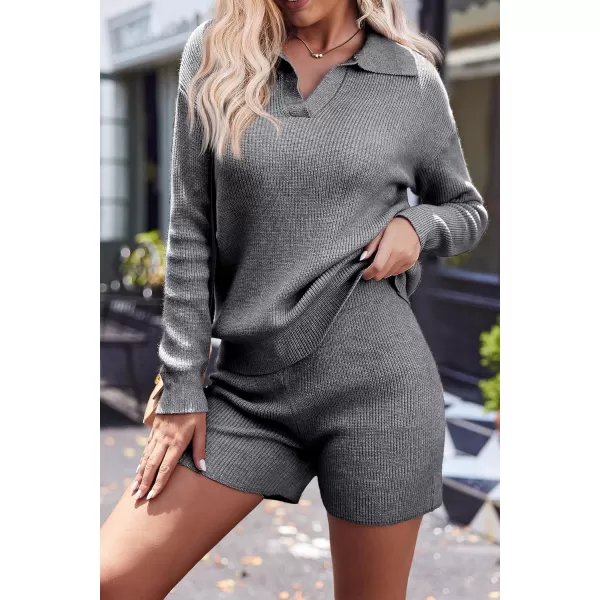 Ekoauer Womens 2 Piece Outfits Long Sleeve Knit Top and Short Pajama Sets Oversized Sweatsuit Sweater SetGrey