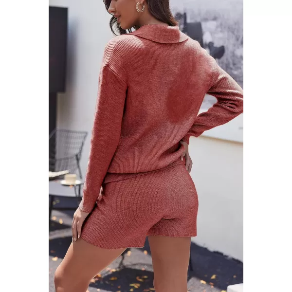 Ekoauer Womens 2 Piece Outfits Long Sleeve Knit Top and Short Pajama Sets Oversized Sweatsuit Sweater SetWind Red