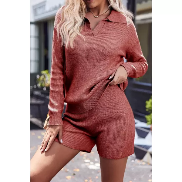 Ekoauer Womens 2 Piece Outfits Long Sleeve Knit Top and Short Pajama Sets Oversized Sweatsuit Sweater SetWind Red