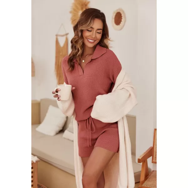 Ekoauer Womens 2 Piece Outfits Long Sleeve Knit Top and Short Pajama Sets Oversized Sweatsuit Sweater SetWind Red