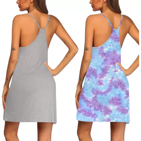 Ekouaer 2 Pack Nightgown for Womens Nightshirt Sleepwear Sleep Tank Chemise Racerback Sleeveless Dress2 Packlight Greyamppuple Tie Dye