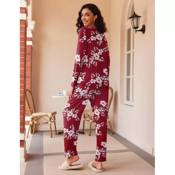 Ekouaer 2 Pack Womens Pajama Set Soft Long Sleeve Sleepwear Loungewear Pjs Sets with Pockets SXXLBlue FlowerWine Red Flower