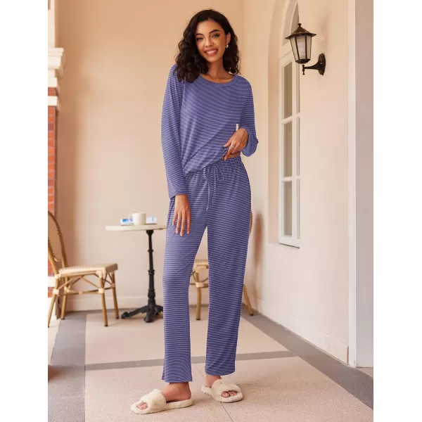 Ekouaer 2 Pack Womens Pajama Set Soft Long Sleeve Sleepwear Loungewear Pjs Sets with Pockets SXXLBlue StripeNavy Dots