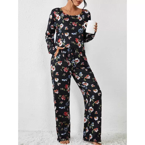 Ekouaer 2 Pack Womens Pajama Set Soft Long Sleeve Sleepwear Loungewear Pjs Sets with Pockets SXXLGp1wine Redblack Flower