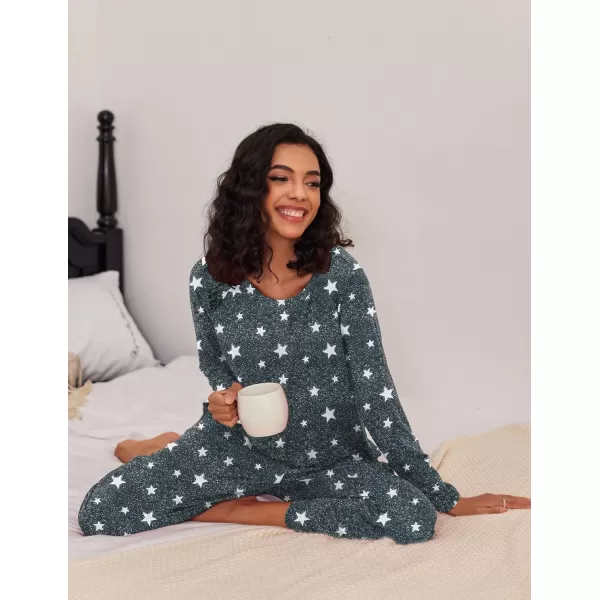 Ekouaer 2 Pack Womens Pajama Set Soft Long Sleeve Sleepwear Loungewear Pjs Sets with Pockets SXXLLeopardDark Gray Star