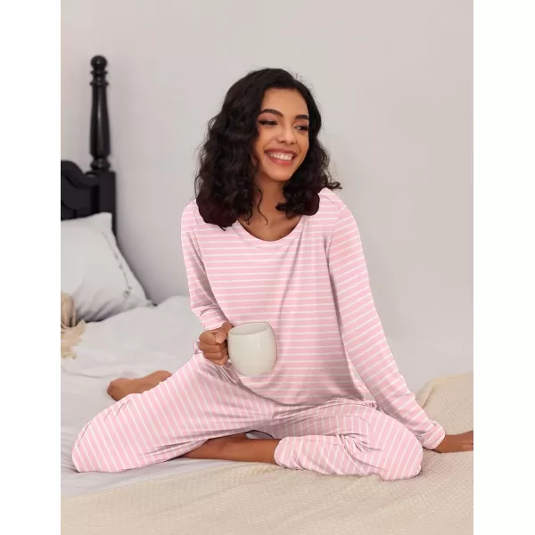 Ekouaer 2 Pack Womens Pajama Set Soft Long Sleeve Sleepwear Loungewear Pjs Sets with Pockets SXXLPink StripeNavy Dots