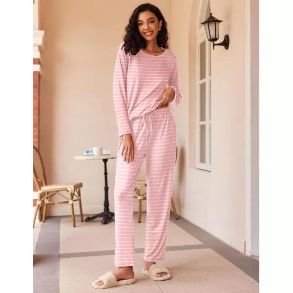 Ekouaer 2 Pack Womens Pajama Set Soft Long Sleeve Sleepwear Loungewear Pjs Sets with Pockets SXXLPink StripeNavy Dots