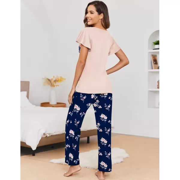 Ekouaer 2 Pack Womens Pajama Sets Short Sleeve with Long Pajama Pant Set Soft Sleepwear Printed Pj Lounge Set with PocketsBlack Floralpink Floral