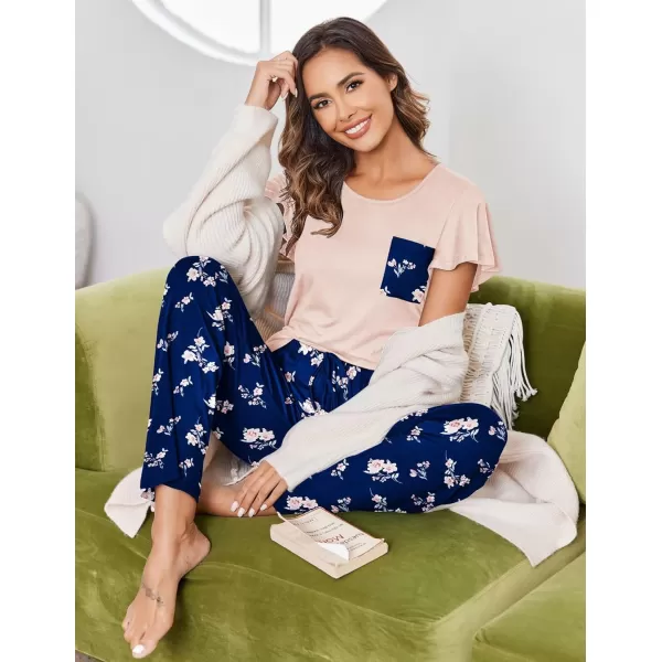 Ekouaer 2 Pack Womens Pajama Sets Short Sleeve with Long Pajama Pant Set Soft Sleepwear Printed Pj Lounge Set with PocketsBlack Floralpink Floral