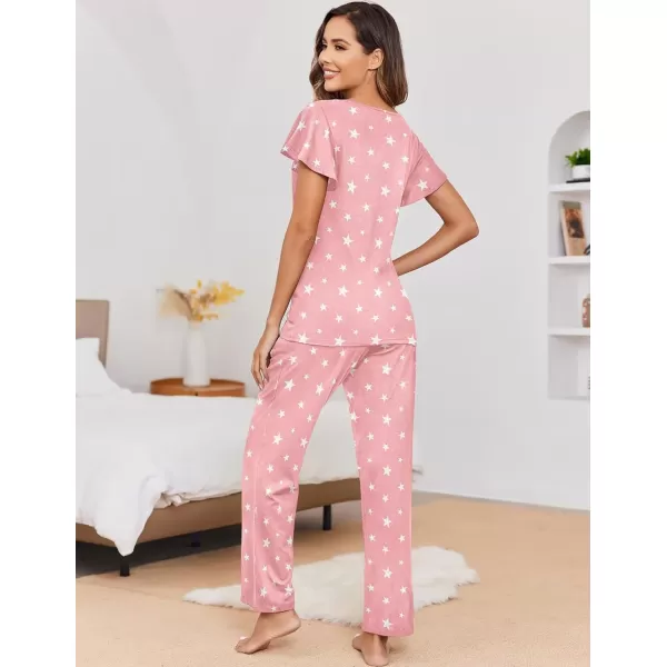 Ekouaer 2 Pack Womens Pajama Sets Short Sleeve with Long Pajama Pant Set Soft Sleepwear Printed Pj Lounge Set with PocketsGray Star  Pink Star